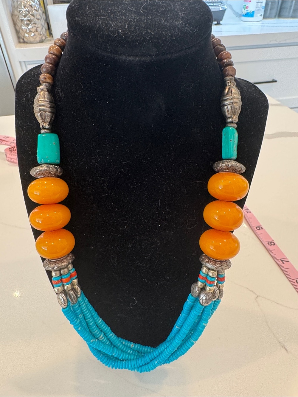 Handcrafted Turquoise & Amber Beaded Statement Necklace
